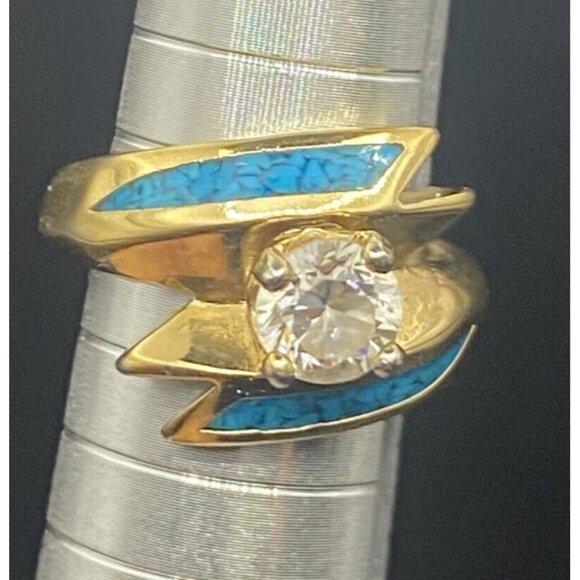 Vtg 'Ring 92 SW CZ Solitaire Yellow Gold Plated Wrap Crushed Turquoise Size 5.5 - Picture 9 of 14